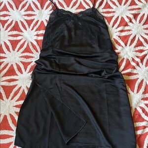 H&M Black Satin Slip Midi Dress with Lace Trim
